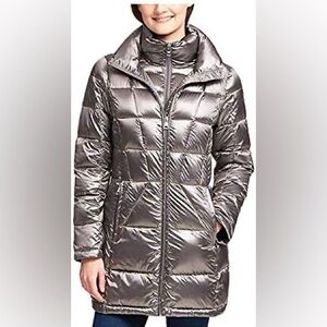 Calvin Klein Silver Metallic Packable Down-Fill Blend Mid Length Puffer Coat, L